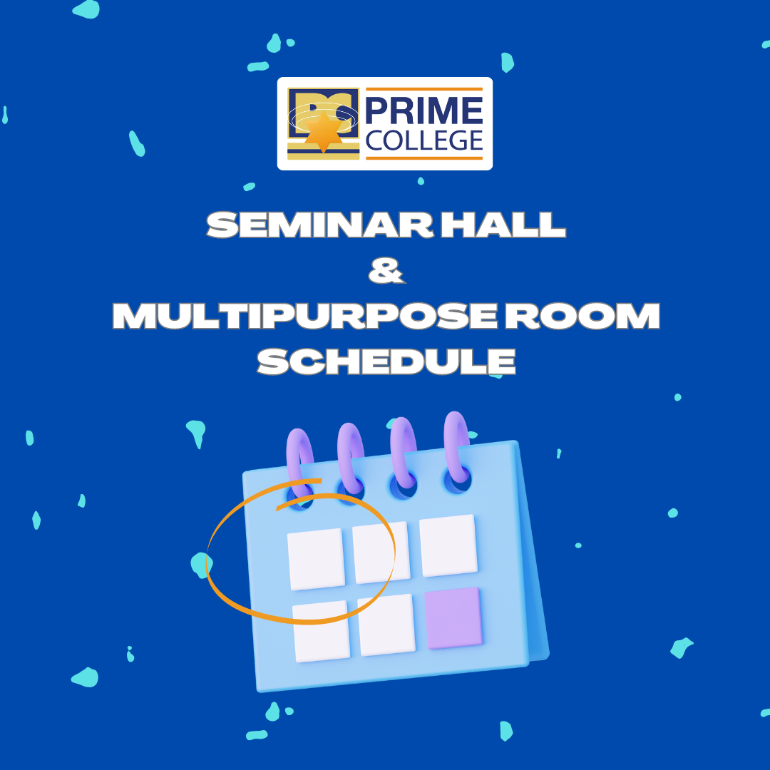 Prime College Seminar Hall and Multipurpose Room Schedule. The image features the Prime College logo at the top, with the text 'Seminar Hall & Multipurpose Room Schedule' beneath it. Below the text is an illustration of a calendar with a few dates highlighted, signifying the schedule.